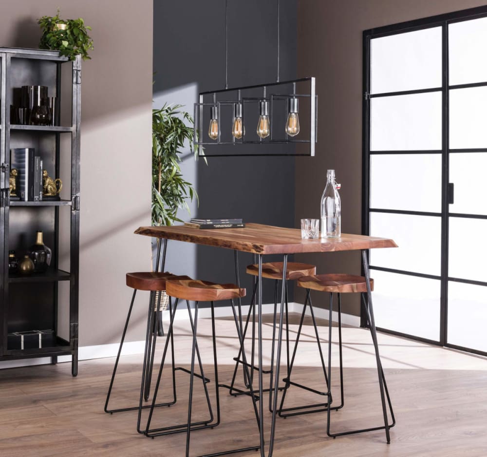 Hoher Stehtisch aus Akazienholz mit schwarzem Stahlgestell 130x92x70cm Holz Braun Mathi Design Möbel Esszimmermöbel Esstische