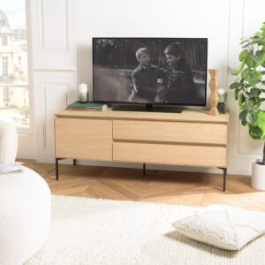 wohnli-moebel-suche-M23158831-1 TV-Möbel natur 1 Tür 2 Schubladen Metallfüße schwarz 130x52x45cm Holz Beige MACABANE Möbel Wohnzimmermöbel TV-Möbel