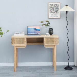 Schreibtisch 2 Türen aus Massivholz und Rattan 45x78x110cm Holz Braun Nordlys Möbel Büromöbel Schreibtische