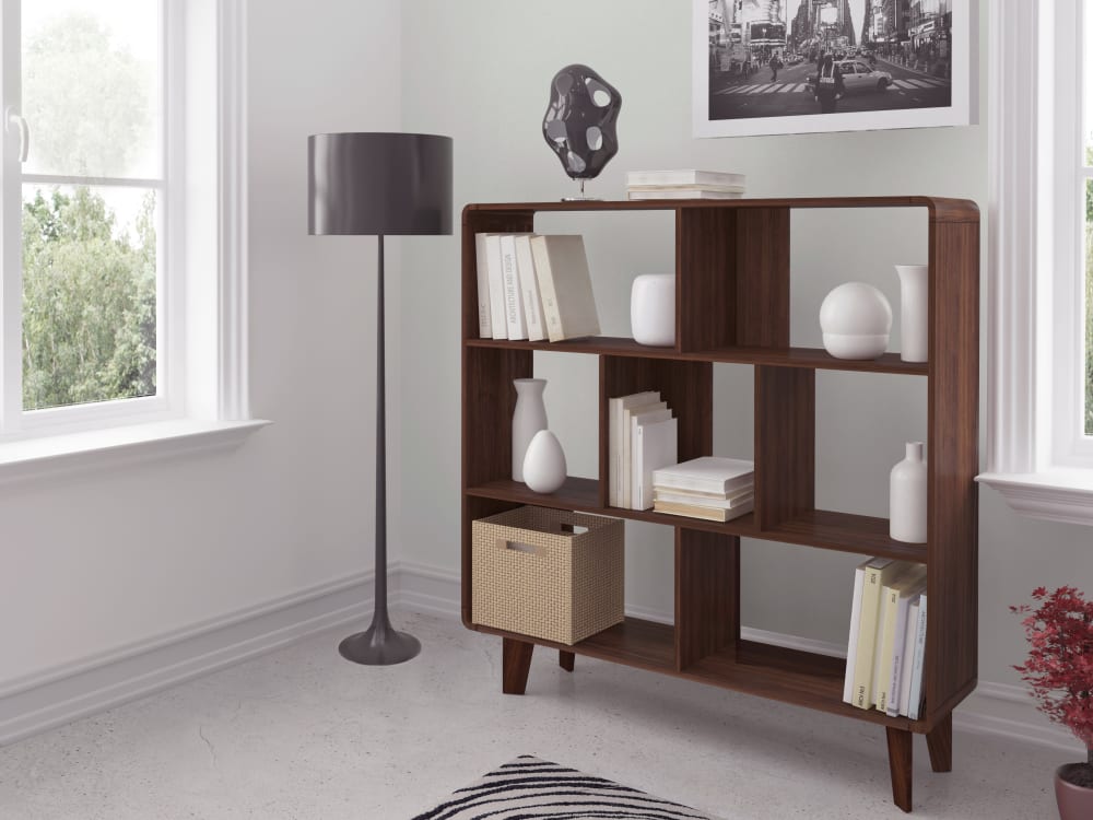wohnli-moebel-suche-M23164714-1 Bücherregal in Nussbaumoptik 29x126x122cm Spanplatte Braun Loft24 Möbel Wohnzimmermöbel Bücherregale