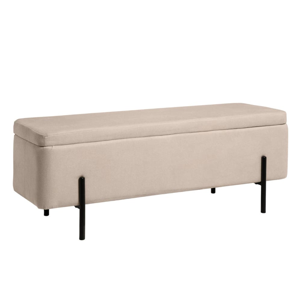 Wohnli Möbelsuche - Gepolsterter Hocker mit Stauraum und Beinen in Schwarz und in Beige.