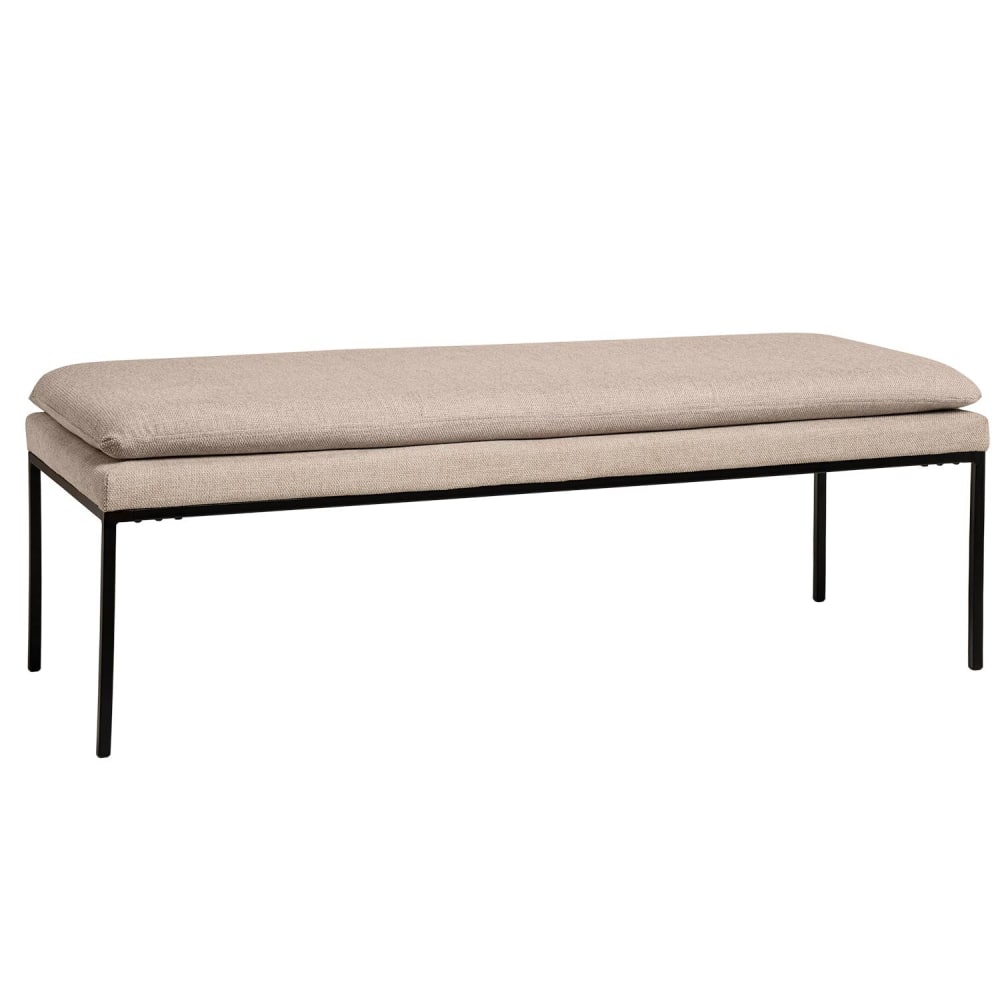 wohnli-moebel-suche-M23165023 Wohnli Möbelsuche - Gepolsterter Hocker mit Metallbeinen in Schwarz und Bezug in Beige.