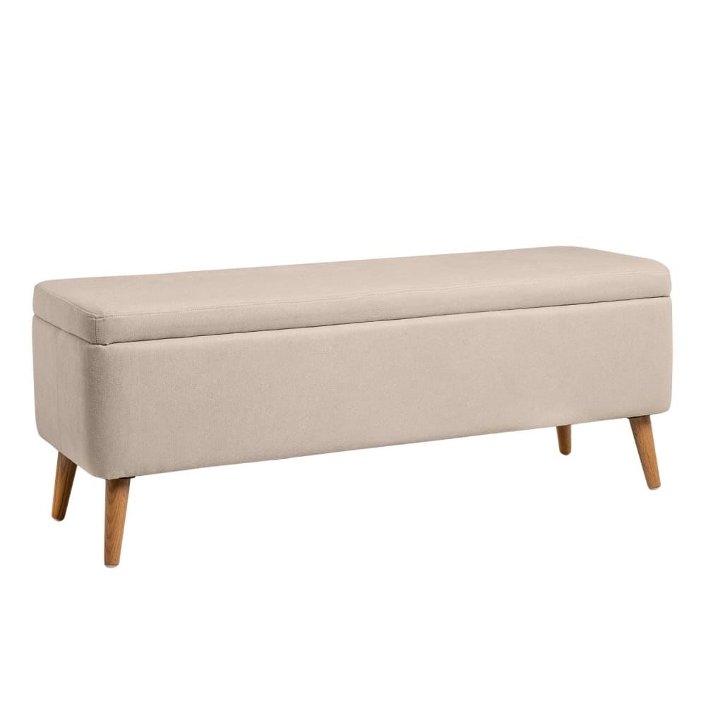 Wohnli Möbelsuche - Beige gepolsterte Bank mit Stauraum und Holzbeinen