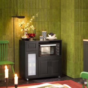 Sideboard auf Rollen mit Mikrowellenregal und Türen Holz Schwarz 89x89x40cm Spanplatte Schwarz SoBuy Möbel Küchenmöbel Kücheninseln & Servierwägen