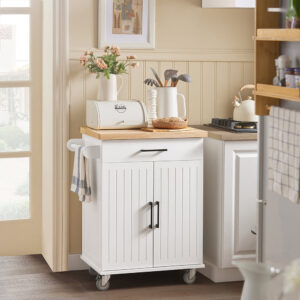 Küchenwagen auf Rollen mit Arbeitsplatte und Handtuchhalter Holz Weiß 75x91x46cm Spanplatte Weiß SoBuy Möbel Küchenmöbel Kücheninseln & Servierwägen