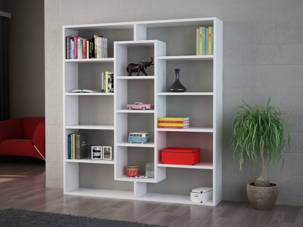 Bücherregal mit 14 Regalfächern in Weiß 22x135x125cm Spanplatte Weiß moebel17 Möbel Wohnzimmermöbel Bücherregale