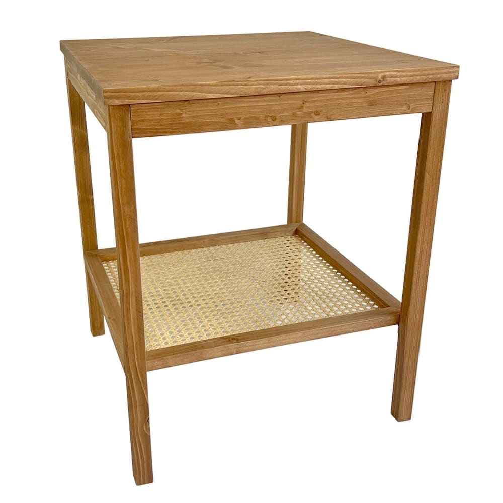wohnli-moebel-suche-M23168737 Wohnli Möbelsuche - Beistelltisch aus Massivholz in Eiche mit Ablage aus Rattan 45x45 cm