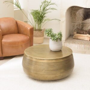 wohnli-moebel-suche-M23171896-1 Couchtisch rund 70x70cm geriffelter Fuß 77x35x77cm Aluminium Gold MACABANE Möbel Wohnzimmermöbel Couchtische