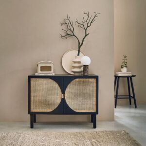 Buffet aus massivem Mangoholz in Schwarz und Rohrgeflecht 100 cm 100x75x100cm Holz Schwarz BERAH GETAH Möbel Esszimmermöbel Sideboards, Highboards & niedrige Anrichten