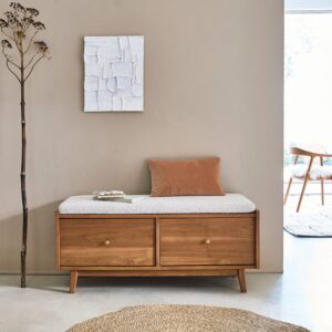 wohnli-moebel-suche-M23174301-1 Eingangsbank aus massivem Teakholz und Frotteestoff 120 cm 120x50x42cm Holz Beige BERAH GETAH Möbel Esszimmermöbel Sitzbank und Holzbank