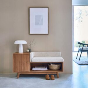 Bank aus massivem Teakholz und Bouclé-Stoff 120 cm 120x60x120cm Holz Beige BERAH GETAH Möbel Esszimmermöbel Sitzbank und Holzbank