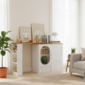 wohnli-moebel-suche-M23174910-1 Konsole in Weiß und Holz mit Stauraum und modernem Design 138x93x73cm Spanplatte Weiß Urban Meuble Möbel Wohnzimmermöbel Konsolentische