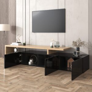 Schwarzes LED-TV-Möbel aus Holz mit 3 Flügeltüren und Glasböden 198x42x39cm Spanplatte Schwarz Urban Meuble Möbel Wohnzimmermöbel TV-Möbel