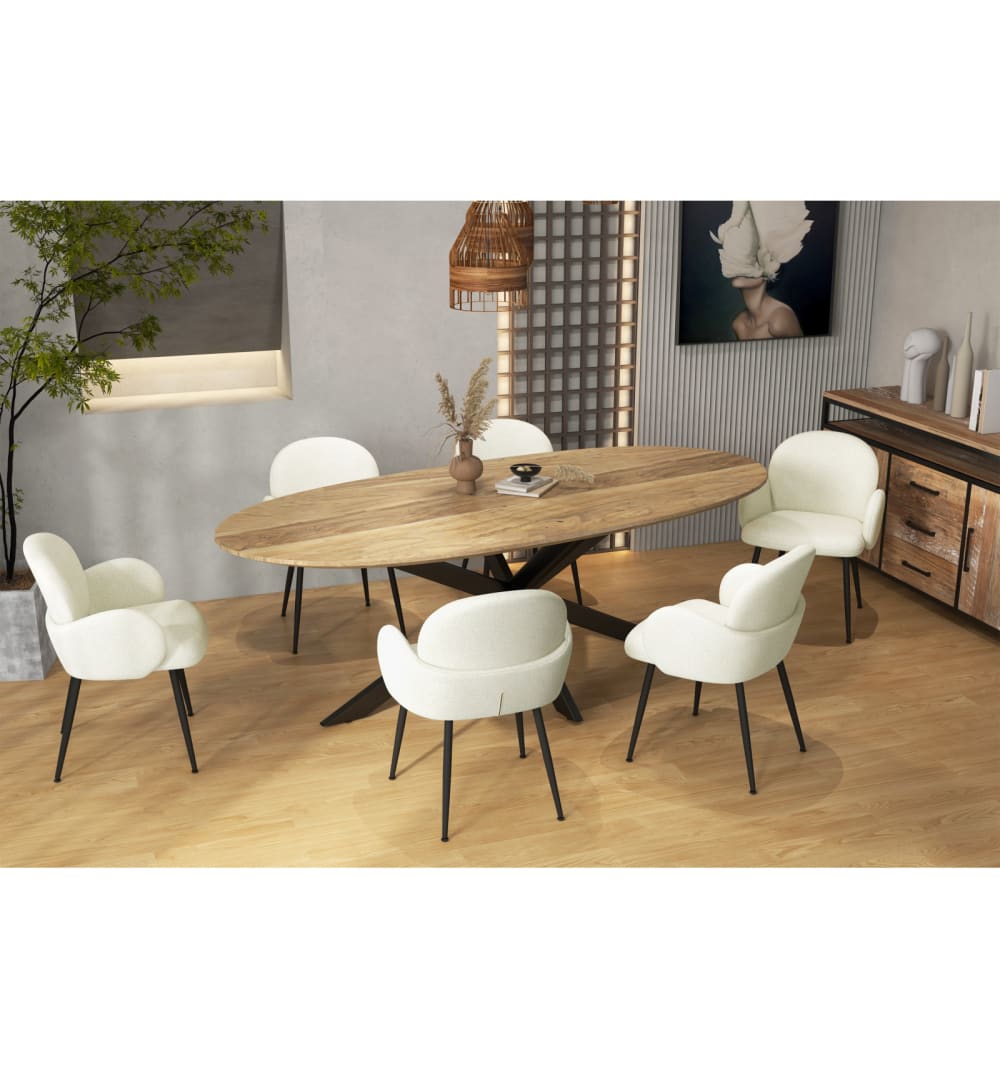 2er Set Stühle aus Bouclé-Stoff mit Metallbeinen, ecru und schwarz 50x85x60cm Stoff Weiß Moloo Möbel Esszimmermöbel Stühle