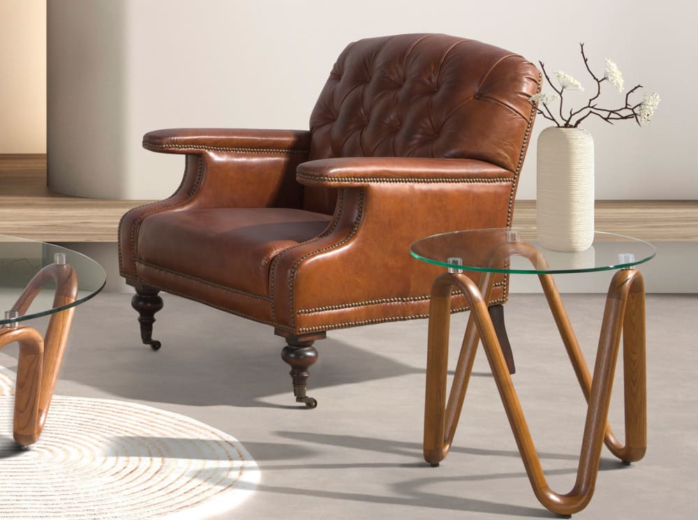 Runder Ecktisch aus gehärtetem Glas und Walnuss 50x51x50cm Glas Braun Angel Cerda Möbel Wohnzimmermöbel Couchtische