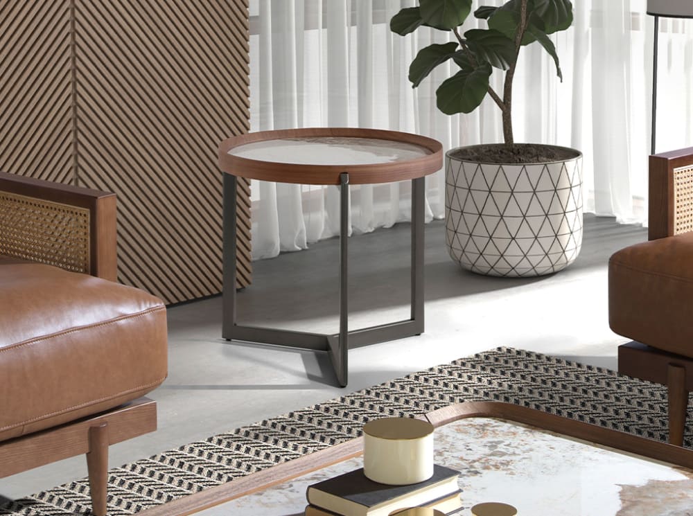 wohnli-moebel-suche-M24002225-1 Runder Couchtisch aus Porzellanmarmor, Walnuss und dunklem Metallstahl 62x56x62cm Holz Braun Angel Cerda Möbel Wohnzimmermöbel Couchtische