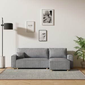 wohnli-moebel-suche-M24002701-1 Ecksofa mit Schlaffunktion aus hellgrauem Rippvelours 252x85x140cm Holz Grau Concept Usine Sofas und Sessel Sofas Ecksofas