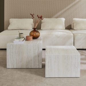 2er Set Couchtische mit Marmoreffekt in antikweiß 58x40x58cm Spanplatte Weiß sweeek Möbel Wohnzimmermöbel Couchtische