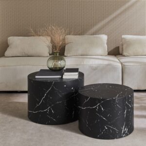 wohnli-moebel-suche-M24003473-1 2-Set runde Couchtische mit schwarzer Marmoroptik 1x40x58cm Spanplatte Schwarz sweeek Möbel Wohnzimmermöbel Couchtische