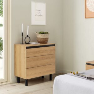 Kommode mit 3 Schubladen in Eichenholzoptik 80x80x40cm Spanplatte Braun HOMN Möbel Schlafzimmermöbel Kommoden