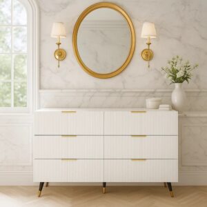 Weißer Badezimmerschrank mit 6 Schubladen und goldenen Griffen 120x77x40cm Spanplatte Weiß Urban Meuble Möbel Badezimmermöbel Badezimmerschränke