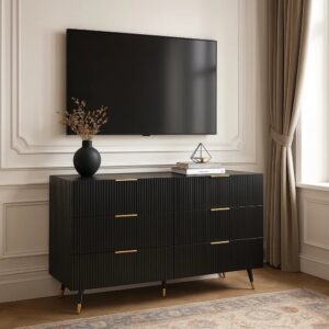 Schwarzer TV-Schrank aus Holz mit vertikalen Linien 120x77x40cm Spanplatte Schwarz Urban Meuble Möbel Wohnzimmermöbel TV-Möbel