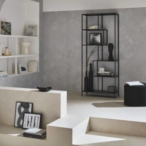 wohnli-moebel-suche-M24010398-1 Bücherregal mit 6 asymmetrischen Ebenen aus schwarzem Metall 77x185x33cm Metall Schwarz sweeek Möbel Wohnzimmermöbel Regale