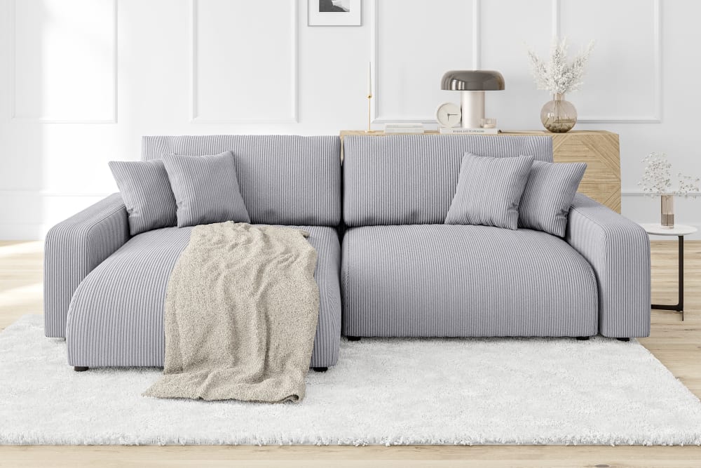 Ecksofa  mit Schlaffunktion und Bettkasten in Hellgrau Cord-Stoff 170x78x234cm Stoff Grau S-Style Sofas und Sessel Sofas Ecksofas