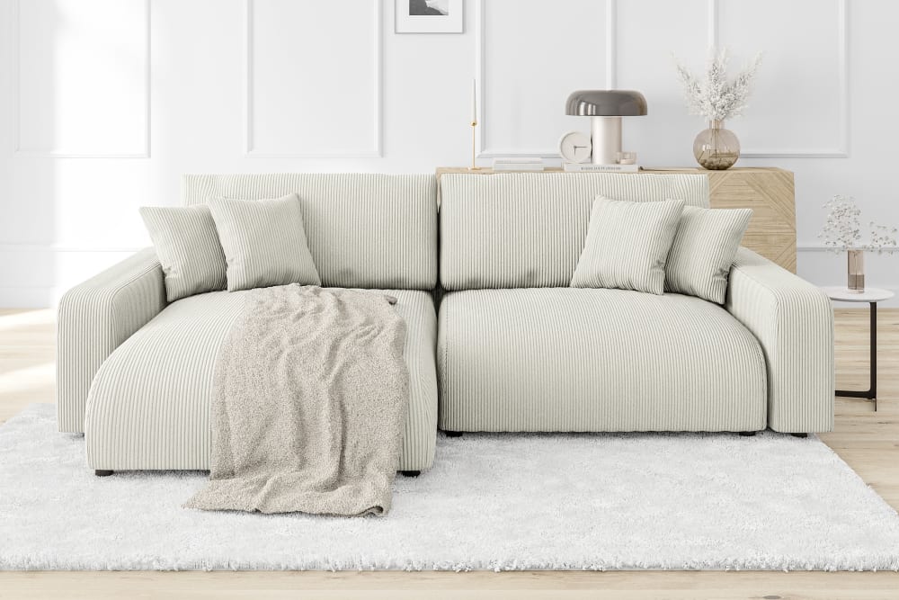 Ecksofa mit Schlaffunktion und Bettkasten in Beige Cord-Stoff 170x78x234cm Stoff Beige S-Style Sofas und Sessel Sofas Ecksofas