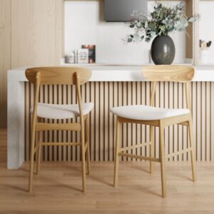 wohnli-moebel-suche-M24011838-1 2er-Set Stühle für zentrale Insel 66 cm in beige Stoff und Holz 47x94x54cm Holz Beige Maison Pavane Möbel Esszimmermöbel Barhocker