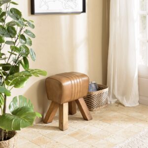 wohnli-moebel-suche-M24012056-1 Gepolsterter Hocker aus braunem Leder Schrägbeine aus Mangoholz 41x49x31cm Leder Braun MACABANE Möbel Wohnzimmermöbel Hocker
