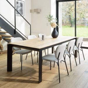 2er Set Stühle aus ungebleichtem Stoff mit schwarzen Stahlbeinen 48x83x56cm Polyester Beige MACABANE Möbel Esszimmermöbel Stühle