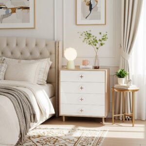 Kommode aus hellem Holz und in Weiß mit 4 Schubladen 80x90x54cm Spanplatte Weiß Urban Meuble Möbel Schlafzimmermöbel Kommoden