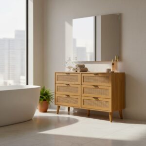 Heller Badezimmerschrank aus Holz mit 6 Schubladen aus Rattan 120x77x40cm Spanplatte Braun Urban Meuble Möbel Badezimmermöbel Badezimmerschränke