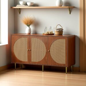 Retro-Sideboard aus Rohrholz mit Goldenen Beinen 130x76x40cm Spanplatte Braun Urban Meuble Möbel Schlafzimmermöbel Kommoden