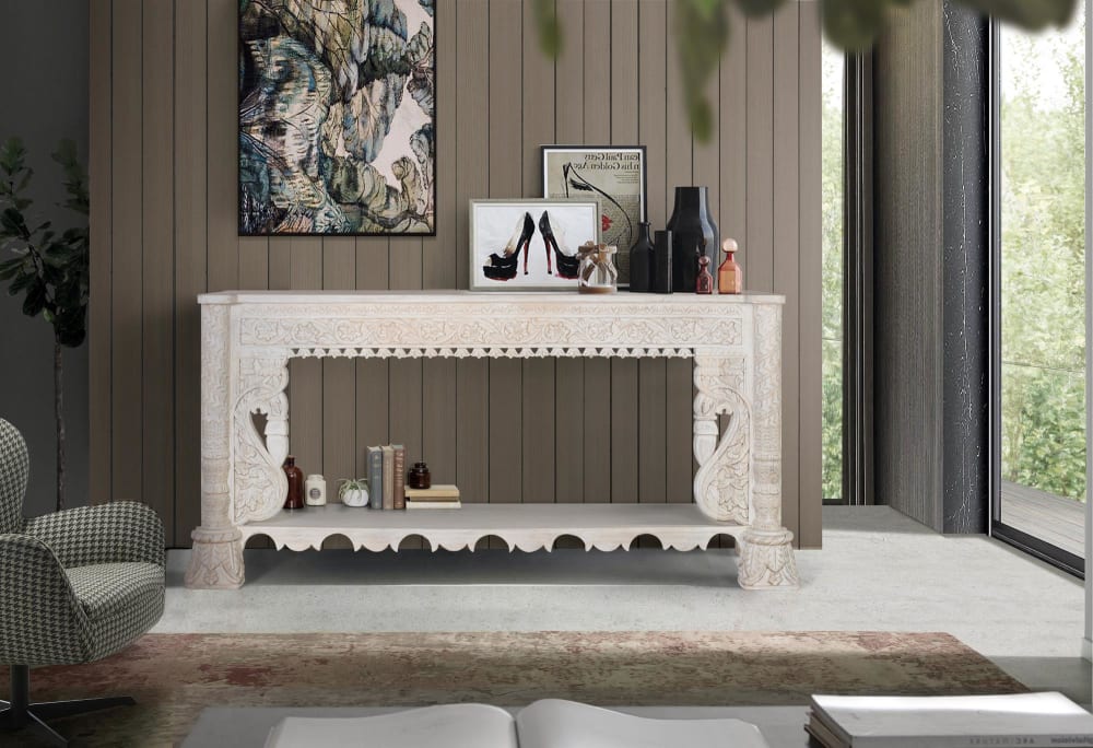 Konsole aus gealtertem weißem Mangoholz 180x90x40cm Holz Weiß GINER Y COLOMER Möbel Wohnzimmermöbel Konsolentische