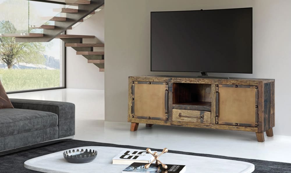 TV-Ständer aus recyceltem Holz und Metall 150x60x40cm Holz Braun GINER Y COLOMER Möbel Wohnzimmermöbel TV-Möbel