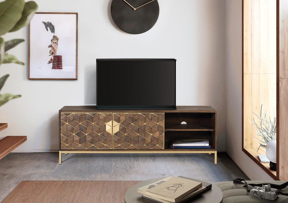 TV-Ständer aus Mangoholz Walnuss und goldfarbenem Metall 145x50x40cm Holz Braun GINER Y COLOMER Möbel Wohnzimmermöbel TV-Möbel