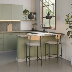 wohnli-moebel-suche-M24013656-1 2er-Set Holzhocker mit gepolsterter Sitzfläche 41x48 h94 cm 42x95x48cm Stoff Grau Drawer Möbel Esszimmermöbel Barhocker