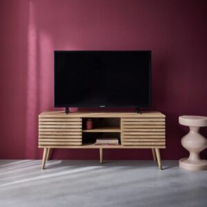 Skandinavisches TV-Möbel naturfarben 2 Türen Holzdekor geriffelt 120x51x39cm Spanplatte Beige sweeek Möbel Wohnzimmermöbel TV-Möbel