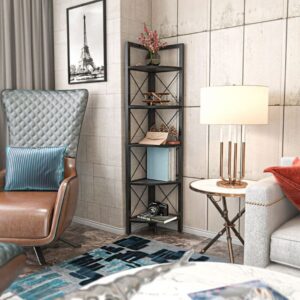 Eckregal mit 5 Regale schwarz H160 cm 31x160x33cm Spanplatte Schwarz Calicosy Möbel Wohnzimmermöbel Regale