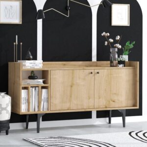 Buffet mit 3 Fächern 2 Türen Eiche Dekor L150 cm 150x80x40cm Spanplatte Beige Calicosy Möbel Esszimmermöbel Sideboards, Highboards & niedrige Anrichten