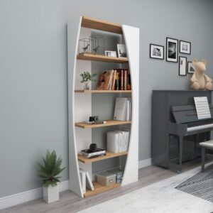 wohnli-moebel-suche-M24016057-1 Regal mit 5 Regale weiß und atlantische Pinie Dekor H150 cm 64x150x24cm Spanplatte Weiß Calicosy Möbel Wohnzimmermöbel Regale