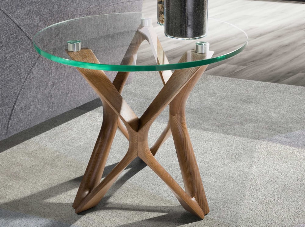 wohnli-moebel-suche-M24016472-1 Runder Ecktisch aus gehärtetem Glas und Nussbaumholz 50x41x50cm Glas Braun Angel Cerda Möbel Wohnzimmermöbel Couchtische