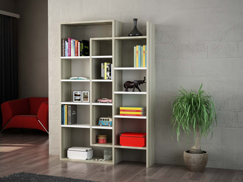 Bücherregal mit 16 Regalfächern Cordoba 22x139x94cm Spanplatte Beige moebel17 Möbel Wohnzimmermöbel Bücherregale