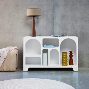 Organisches Sideboard mit 6 Fächern in weißer Holzoptik 120x75x35cm Spanplatte Weiß sweeek Möbel Esszimmermöbel Sideboards, Highboards & niedrige Anrichten