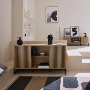 wohnli-moebel-suche-M24024830-1 Modernes Sideboard in geriffelter Holzoptik mit 2 Türen B 140 cm 140x77x40cm Spanplatte Beige sweeek Möbel Esszimmermöbel Sideboards, Highboards & niedrige Anrichten