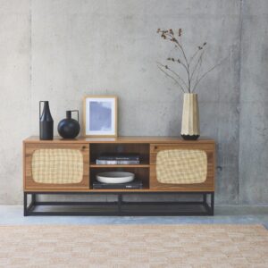 TV-Möbel mit Holzdekor und abgerundetem Rohrgeflecht 140cm 140x55x40cm Spanplatte Beige sweeek Möbel Wohnzimmermöbel TV-Möbel