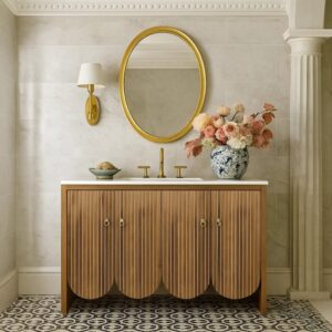 Badezimmerschrank aus geripptem Holz 147x80x40cm Spanplatte Braun Urban Meuble Möbel Badezimmermöbel Badezimmerschränke