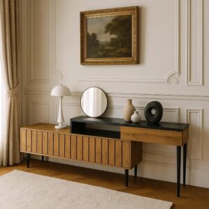 Elegantes Aufbewahrungsmöbel mit Schwarzen Metallbeinen 129x58x30cm Spanplatte Beige Urban Meuble Möbel Esszimmermöbel Vitrine und Vitrinenschrank